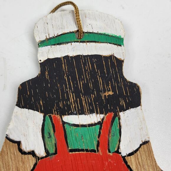 VINTAGE Wooden Girl Christmas Ornament 4" Red Hand Painted Flat Double Side 70s - Picture 11 of 12